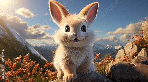 Filhote de coelho branco fofo na montanha - Ilustração infantil 3D photo