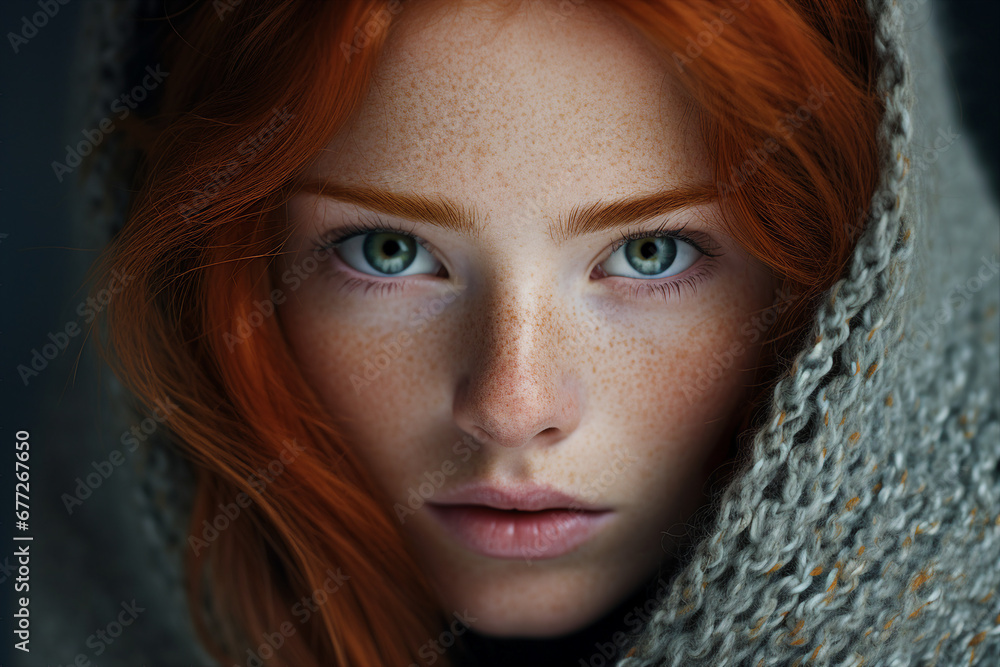 Generative AI closeup portrait young foxy ginger girl wrapped in warm laundry blanket waking up chilly morning Generative AI closeup portrait young foxy ginger girl wrapped in warm laundry blanket waking up chilly morning