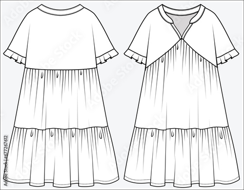 DOLMAN SLEEVES TIERED DRESS WITH V NECKLINE DETAIL DESIGNED FOR TEEN GIRL, TWEEN GIRLS AND KID GIRLS IN  VECTOR ILLUSTRATION