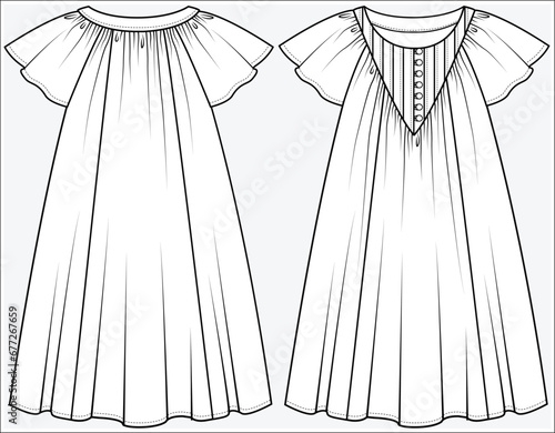 FLUTTER SLEEVES A LINE DRESS WITH PINTUCKS BIB DETAIL DESIGNED FOR TEEN GIRL, TWEEN GIRLS AND KID GIRLS IN VECTOR ILLUSTRATION