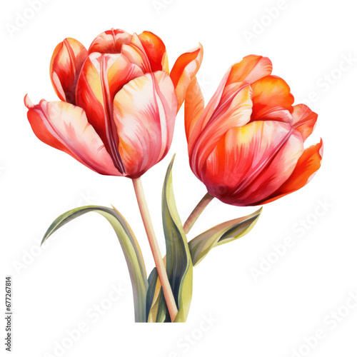 Red Pink Tulip Flower Botanical Watercolor Painting Illustration