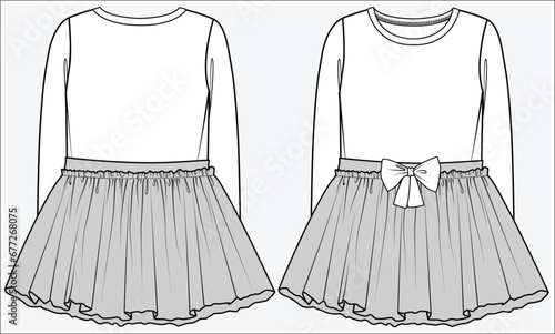 LONG SLEEVES TULLE DRESS WITH BOW AT WAIST DETAIL DESIGNED FOR FOR TEEN GIRL, TWEEN GIRLS AND KID GIRLS IN  VECTOR ILLUSTRATION