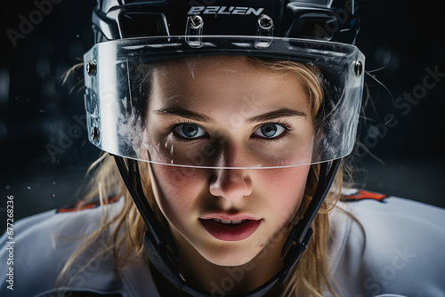 Young serious hockey player female face made with Generative AI tools technology
