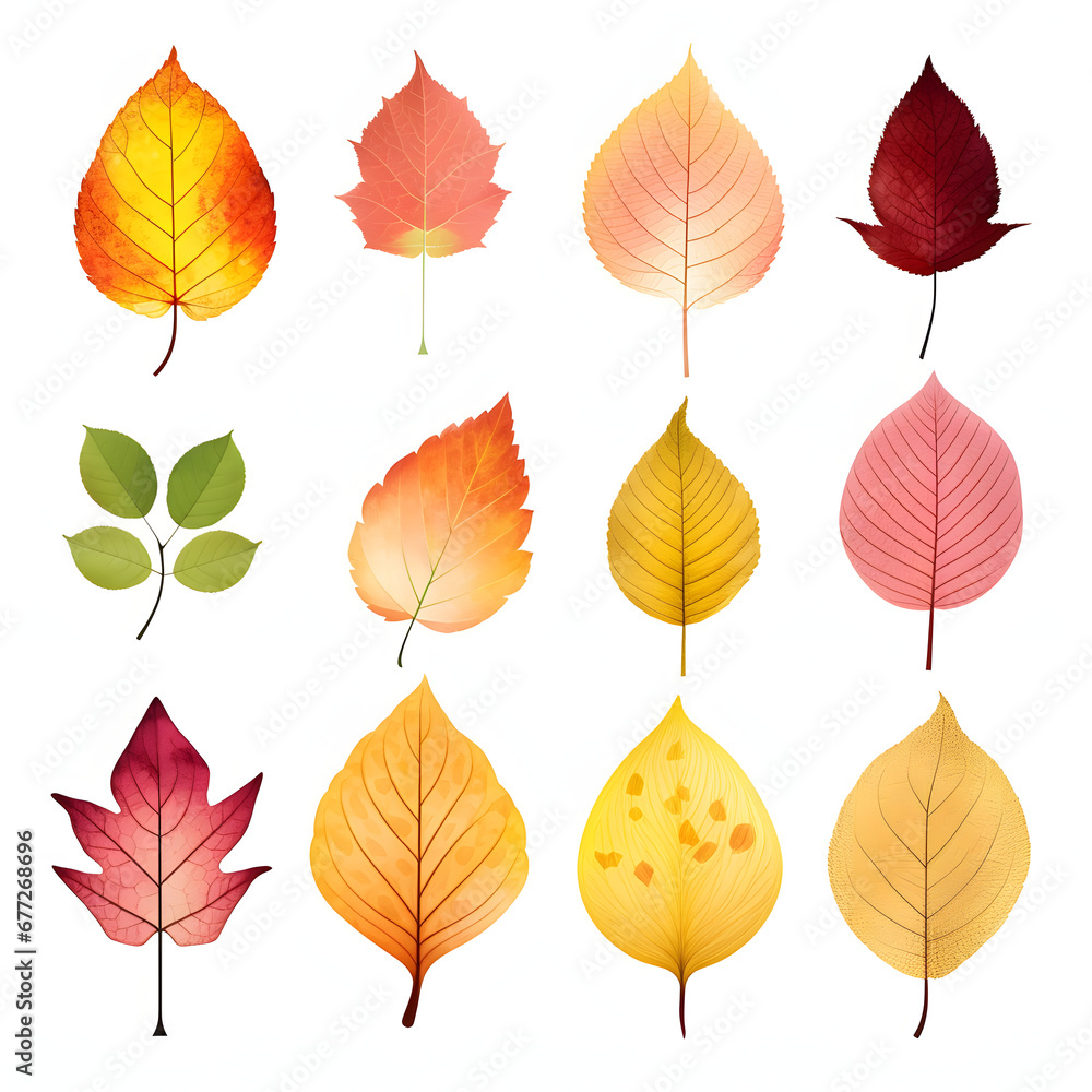 Obraz premium colorful autumn leaves on a white background. fallen yellow, orange, withered leaf.