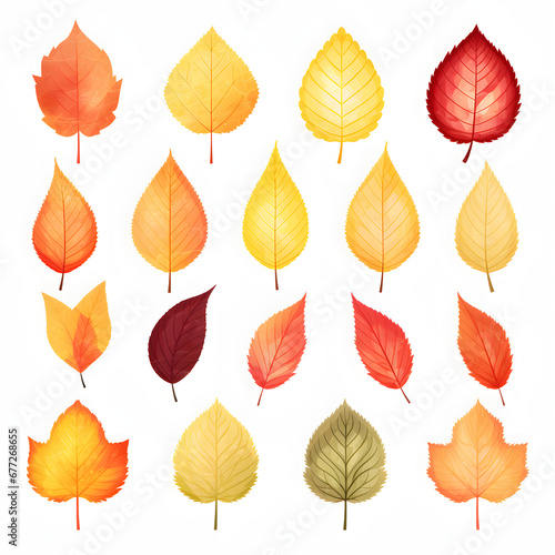 colorful autumn leaves on a white background. fallen yellow, orange, withered leaf.