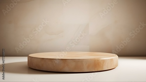 Luxury Studio Background for Product Presentation. Light Marble Showroom with a round light brown Podium