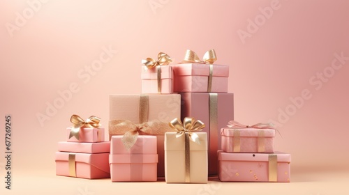  a stack of pink gift boxes with gold ribbons and bows on top of each of the boxes are stacked on top of each other with gold bows on top of the boxes. generative ai