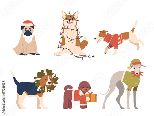 Christmas Dogs Don Santa Hats, Wagging Tails, And Joyfully Unwrap Presents, Spreading Holiday Cheer, Vector Illustration