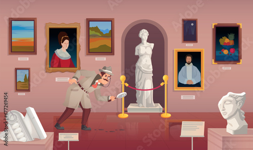 Cartoon detective investigation. Sherlock in museum art gallery, investigator magnifying tracking footprint investigator sleuth find evidence mystery crime, vector illustration