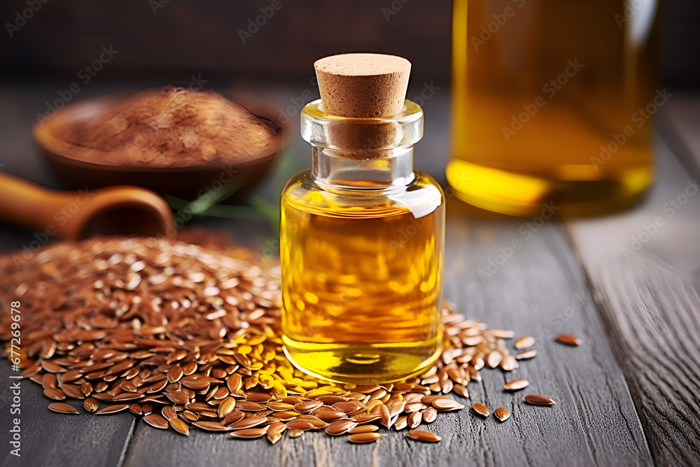 Omega 3 rich Golden Flaxseed Oil in Glass Bottles with Seeds, wooden table. Natural supplements for healthy eating. Linseed oil in a glass bottle with flax seeds on wooden background. Omega 3 rich Golden Flaxseed Oil in Glass Bottles with Seeds, wooden table. Natural supplements for healthy eating. Linseed oil in a glass bottle with flax seeds on wooden background.