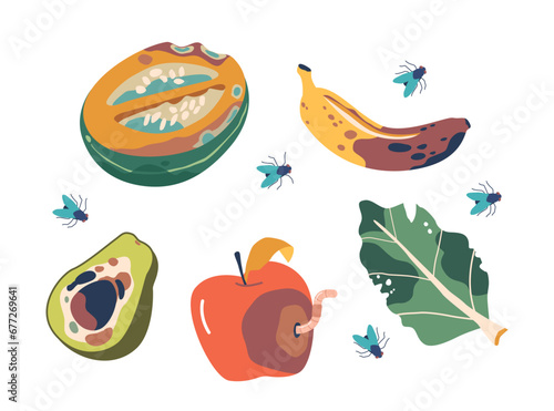 Spoiled Fruits And Vegetables. Pumpkin, Banana, Avocado, Apple and Greens, Emit A Pungent Stench, Vector Illustration