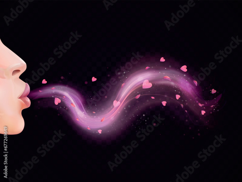 Woman air kiss. Realistic female lipstick lips blowing kisses, beautiful girl send vibrant magic kissing, sensual love romantic lady valentine day concept 3d vector illustration