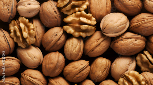 Walnuts background. Whole Walnuts, A Source of Omega 3 vitamin. Omega-3 Rich Walnuts, close-up. Walnut banner representing healthy snack containing fatty acids photo