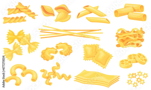 Cartoon pasta types. Dry macaroni various shape type, spaghetti fusilli shell penne farfalle rigatoni noodle lasagna, gourmet italian cuisine ingredients neat vector illustration