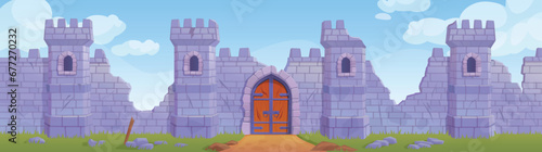 Broken castle. Abandoned fortress after war battlefield, knight citadel ancient palace stone wall ruins, cartoon medieval palazzo tower old rock brick ingenious vector illustration
