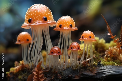 A group of jellyfishs sitting on top of a moss covered forest