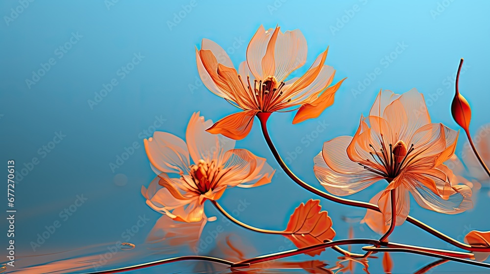  a close up of a bunch of flowers on a blue background with a reflection of the flowers on the bottom of the picture and the bottom half of the picture.  generative ai