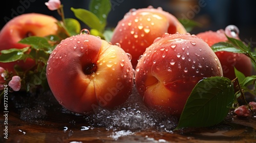  a group of peaches sitting on top of a wooden table with water splashing off of the top of them and green leaves on the top of the table. generative ai