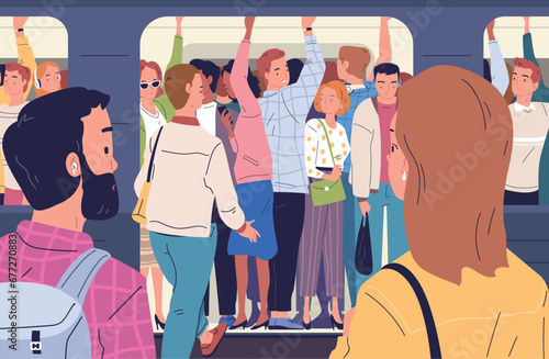 Crowded subway train. Commuters inside busy subway in rush hour, people behind window door overcrowded metro train or railway full tram public transport, classy vector illustration