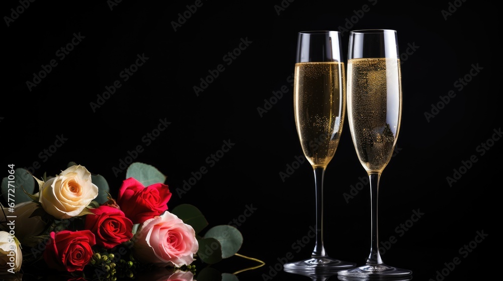 two glasses of champagne next to a bouquet of roses on a black background with a reflection of the glass in the foreground and a bouquet of roses in the foreground. generative ai two glasses of champagne next to a bouquet of roses on a black background with a reflection of the glass in the foreground and a bouquet of roses in the foreground. generative ai