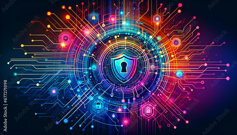 Cyber technology security and network protection background design, depicted as a vector illustration.