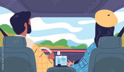 Backseat view. Couple ride in car inside automobile cabin interior, driver and passenger listening music radio or navigator, family driving trip concept classy vector illustration