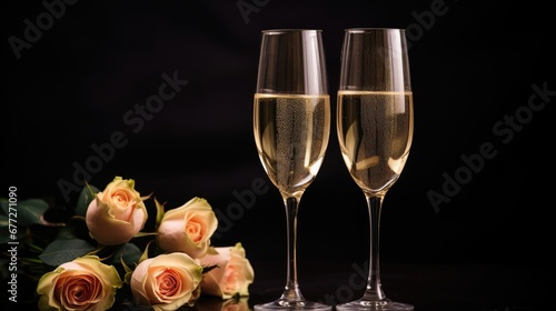  a couple of champagne flutes sitting next to a bunch of roses on a table with a bouquet of roses in the foreground and a black background with a black background.  generative ai