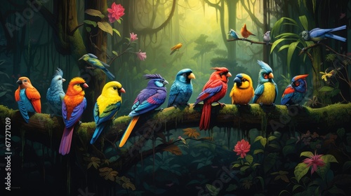  a painting of a group of colorful birds perched on a tree branch in the middle of a forest with lots of leaves and a bright light shining in the background. generative ai