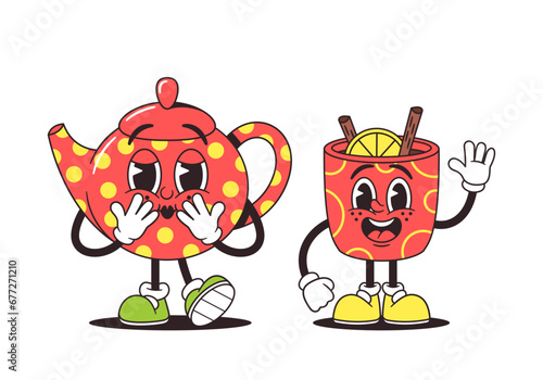 Cartoon Retro-style Cartoon Teapot And Tea Mug Characters. Cheerful, Vintage Personages With Bright Color, Smiling Faces
