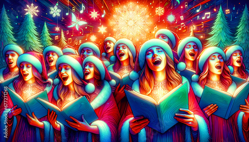 A portrayal of a Christmas choir, singing with sheet music in hand, all wrapped in a vibrant, psychedelic style that captures the festive spirit and harmony. 