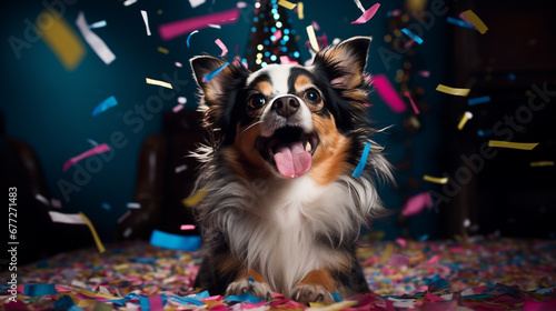 happy dog,New year, carnival or birthday concept with falling confetti.Generative AI © Anna