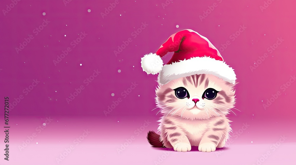 a small kitten wearing a santa hat sitting on a pink surface with snow flakes on it's back and snow flakes on the top of its head. generative ai a small kitten wearing a santa hat sitting on a pink surface with snow flakes on it's back and snow flakes on the top of its head. generative ai