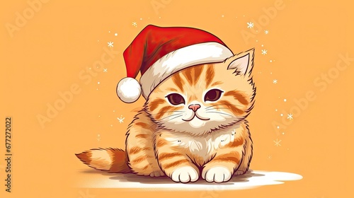  an orange and white cat wearing a santa hat on top of an orange background with snowflakes and snowflakes on the bottom of the cat's head.  generative ai © Nadia