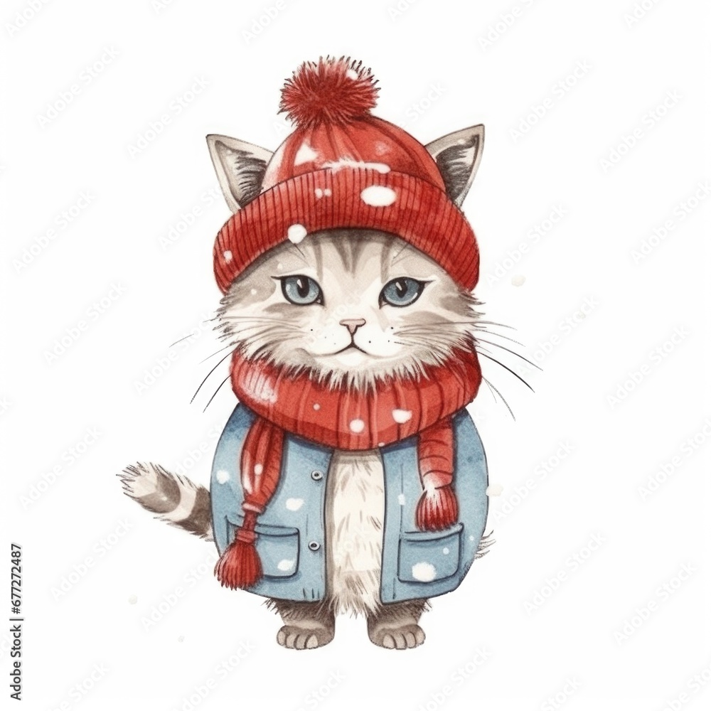 A drawing of a cat wearing a hat and scarf