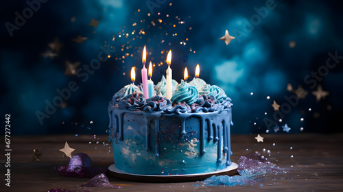 blue birthday cake with candles