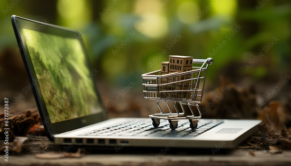 concept of online shopping with a small shopping cart in front of a laptop,