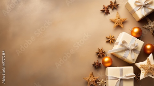  a group of presents sitting on top of a table next to oranges and starbursts on top of a brown background with a white ribbon and gold star. generative ai