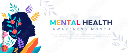 design commemorating world mental health awareness month. let's care about mental health. design with a silhouette of a woman's head