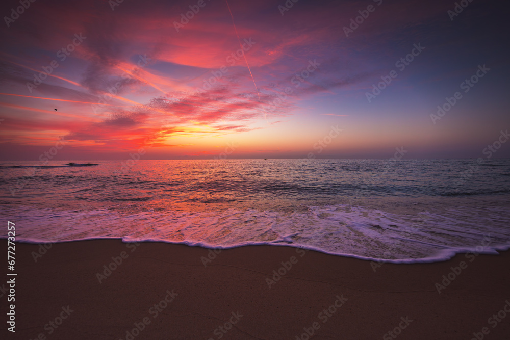 Beautiful cloudscape over the sea waves and tropical beach, seascape  sunrise or color sunset