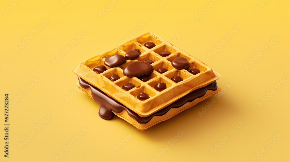 a waffle with chocolate on top of it on a yellow background with a shadow of the waffle on the bottom of the waffle and the waffle on the bottom of the waffle. generative ai a waffle with chocolate on top of it on a yellow background with a shadow of the waffle on the bottom of the waffle and the waffle on the bottom of the waffle. generative ai