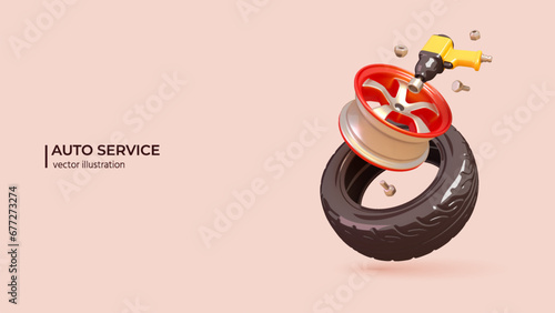 3D Auto Repair Service Concept. Realistic 3d design of Cars Tire, Rim, Pneumatic Screwdriver and Bolts. 3D Vector illustration in cartoon minimal style.