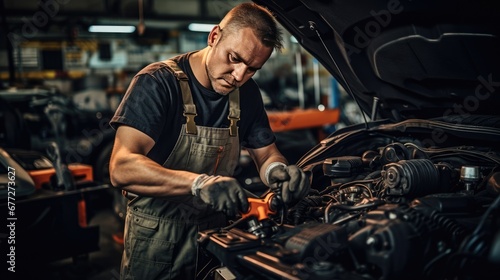 Portrait Shot of a Handsome Mechanic Working on a Vehicle in a Car Service. Professional Repairman is Wearing Gloves and Using a Ratchet Underneath the Car. Modern Clean Workshop.