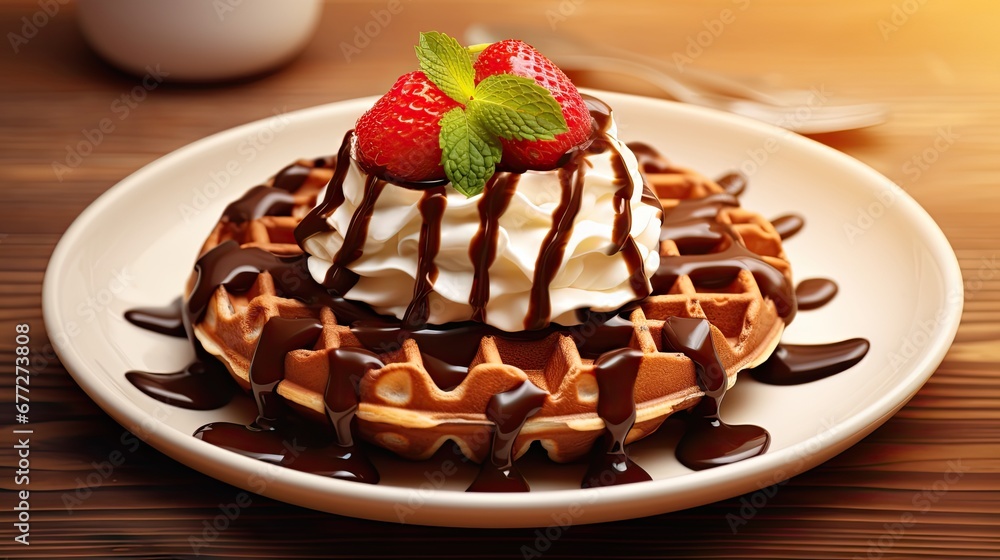 a white plate topped with a waffle covered in chocolate syrup and a strawberry on top of a whipped cream covered waffle with chocolate sauce and a green leaf. generative ai a white plate topped with a waffle covered in chocolate syrup and a strawberry on top of a whipped cream covered waffle with chocolate sauce and a green leaf. generative ai
