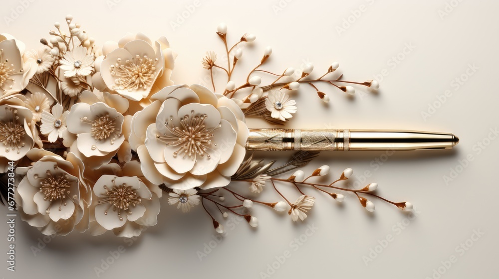  a pen sitting on top of a white table next to a bunch of flowers on top of a piece of paper that has been placed on top of a table.  generative ai