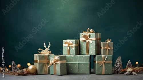  a group of wrapped presents sitting on top of each other in front of a green wall with christmas decorations and a deer head on top of the boxes with gold bows.  generative ai photo