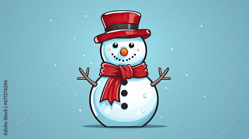  a cartoon snowman wearing a red hat and a red scarf and a red scarf around his neck, standing in front of a blue background with snow flakes.  generative ai