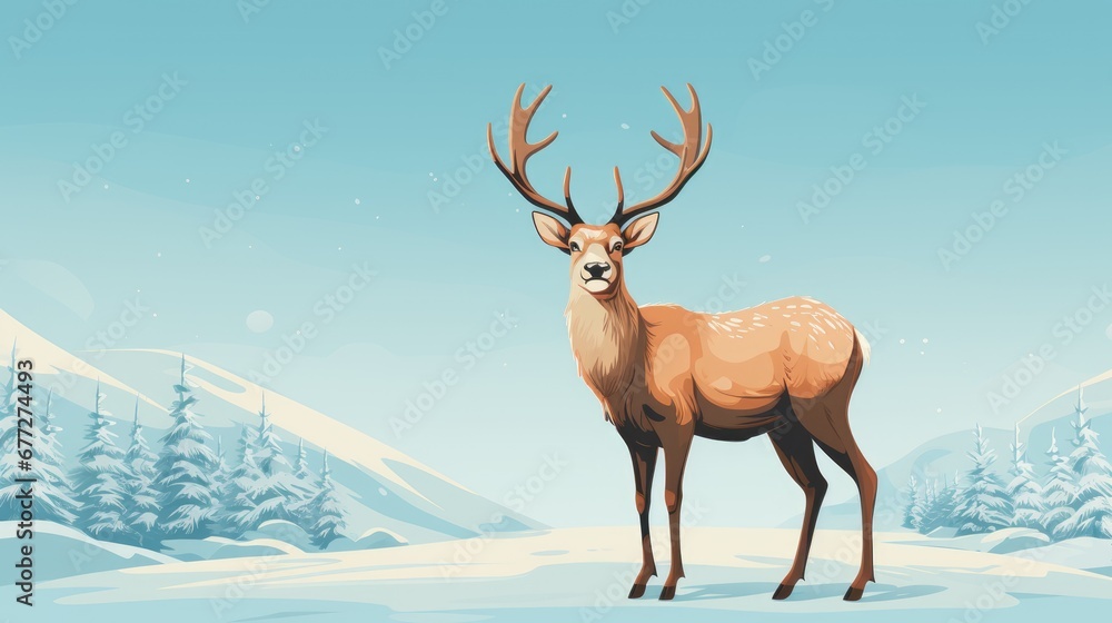 a deer standing in the middle of a snow covered field with trees in the background and a blue sky with white snow flecks on the top of it. generative ai a deer standing in the middle of a snow covered field with trees in the background and a blue sky with white snow flecks on the top of it. generative ai