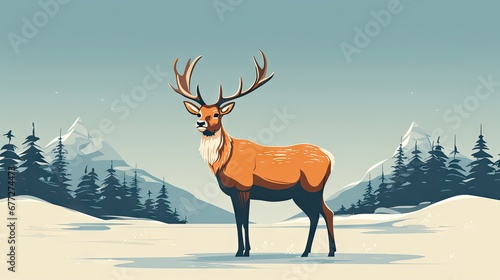  a deer standing in the middle of a snow covered field with pine trees in the background and a mountain range in the distance with snow on it's sides. generative ai