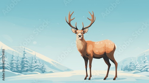  a deer standing in the middle of a snow covered field with trees in the background and a blue sky with white snow flecks on the top of it.  generative ai