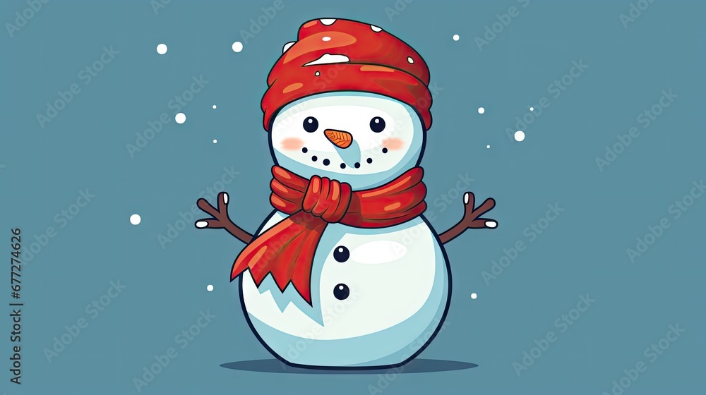 a snowman wearing a red hat and a red scarf and a red scarf around his neck is standing in front of a blue background with snow flakes and snowflakes. generative ai a snowman wearing a red hat and a red scarf and a red scarf around his neck is standing in front of a blue background with snow flakes and snowflakes. generative ai